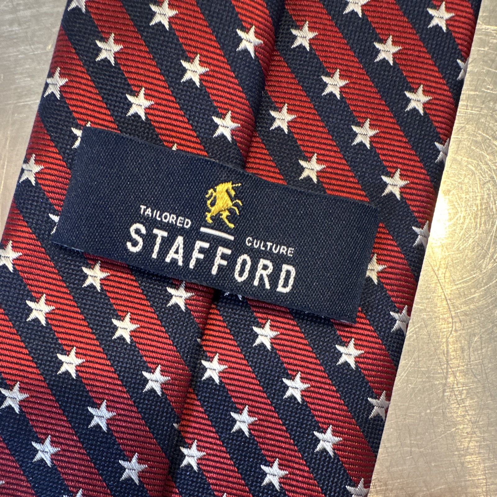 Stafford Men’s Red Blue White Striped Stars Woven Patriotic Tie 38”long 3.25”W