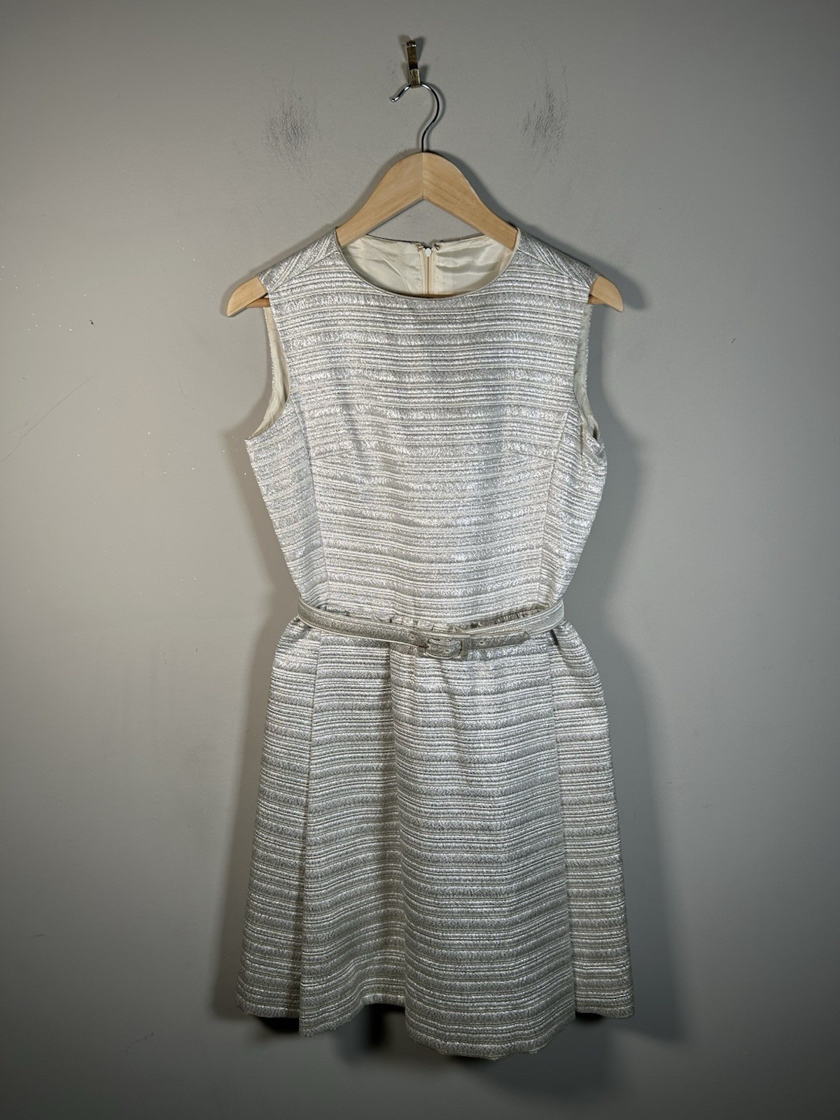 1960s Silver Metallic Stripe Rhinestone Button Dress Jacket Set Deadstock Sz M
