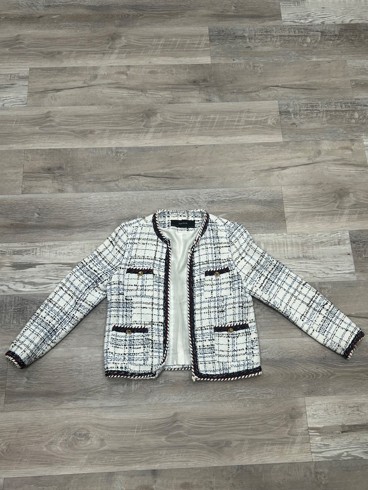 zara basic white jacket with a woven black and blue checkered pattern