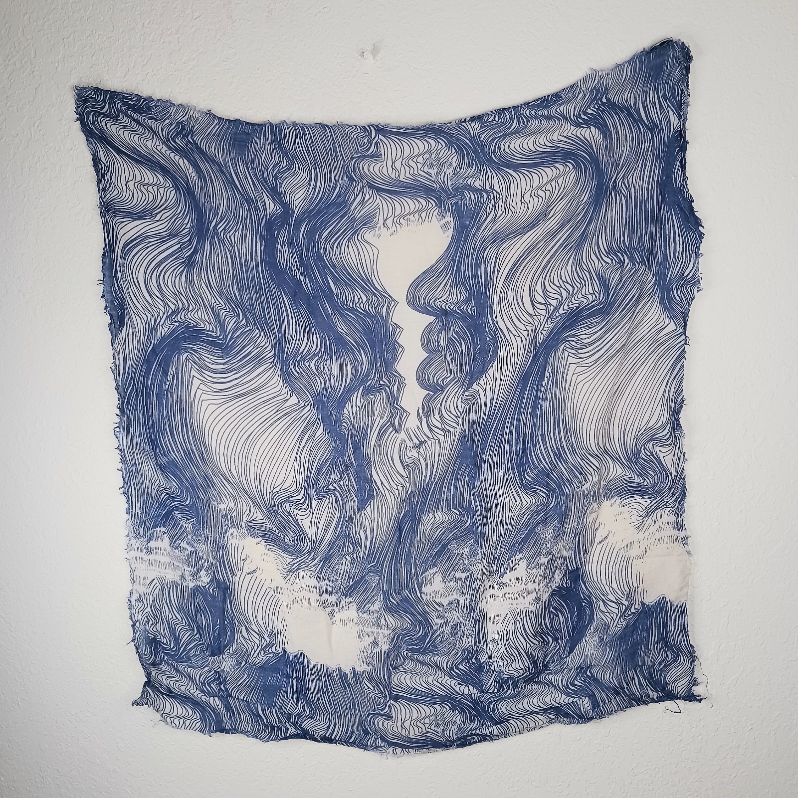 MARIMEKKO Scarf Wrap Large 40 Inches Fringed Edge Cotton Blue White