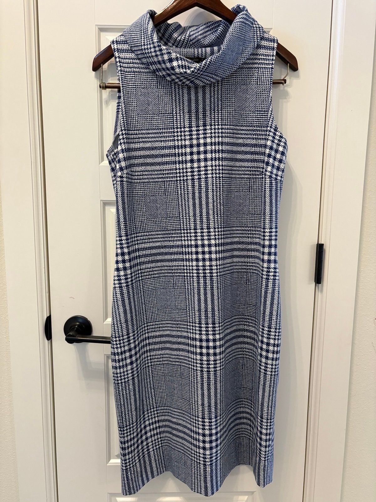 J. McLaughlin Blue Plaid Cowl Neck Sheath Dress Medium