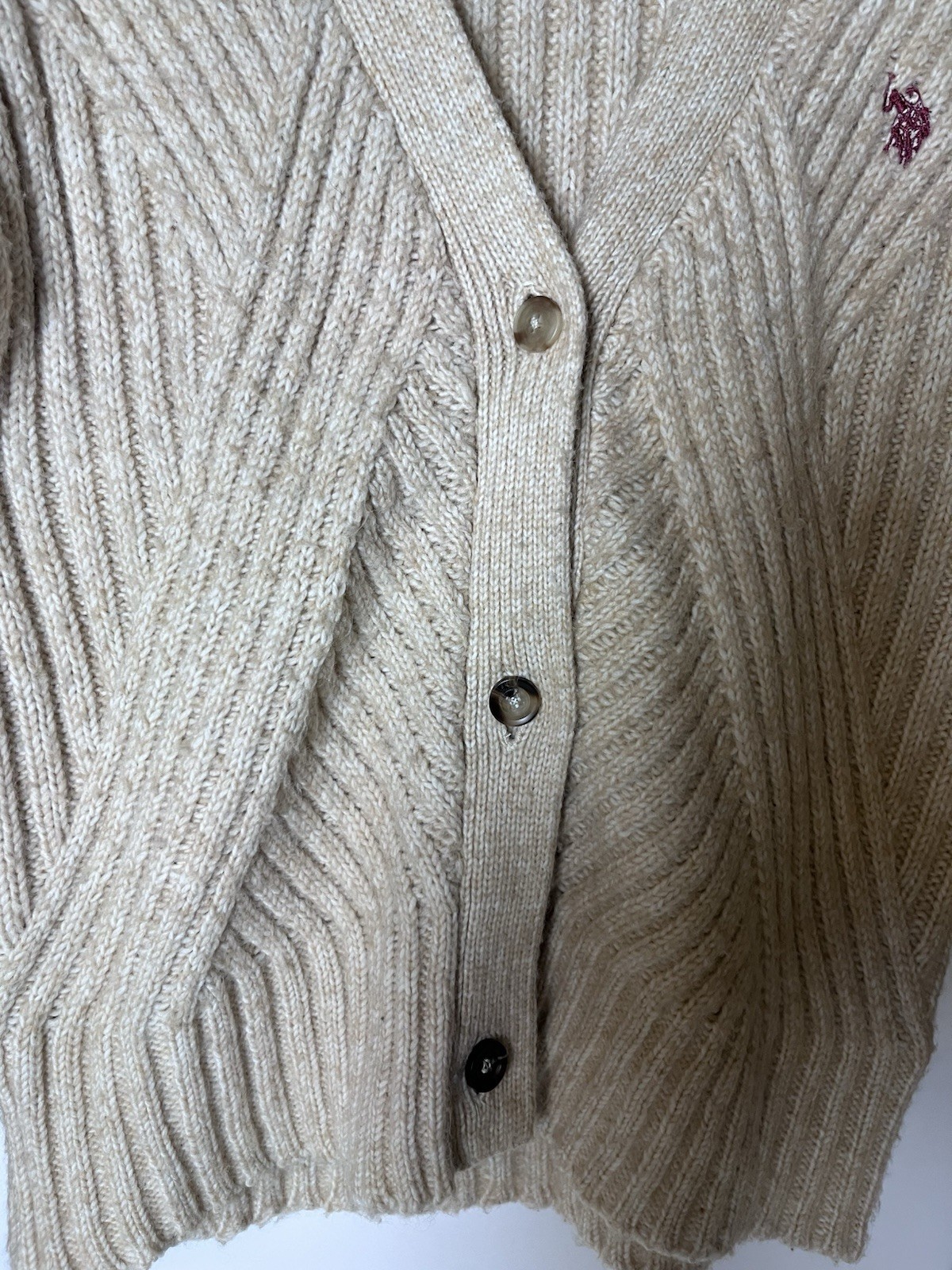 U.S. Polo Assn. Chunky Ribbed Knit Cardigan Oatmeal Beige Coastal Grandmother