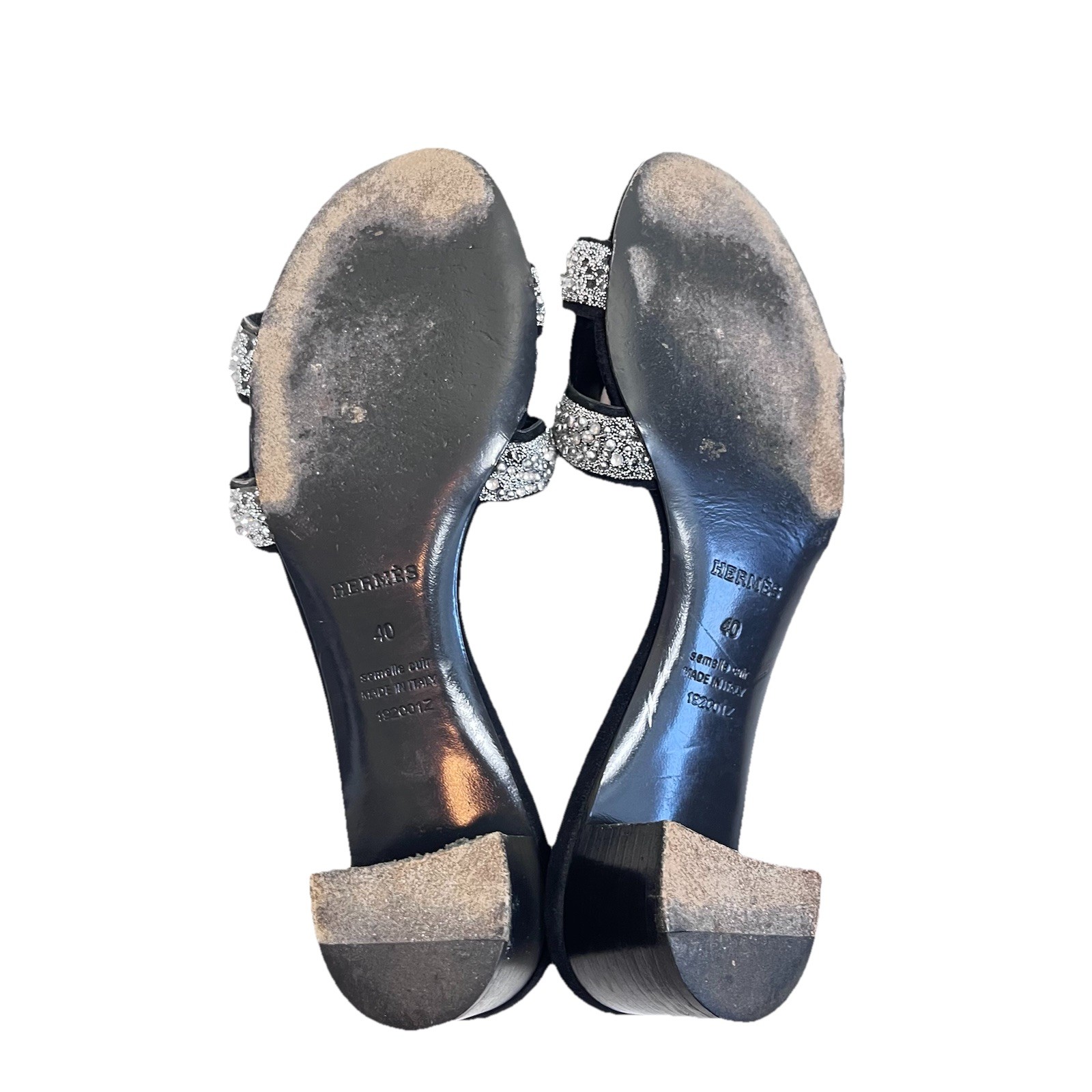 Hermès Oran Crystal Heeled Mule Sandals Black Leather 40 Silver Glitter Heels