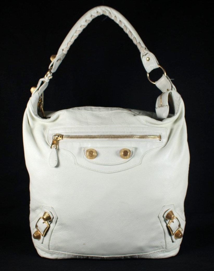 BALENCIAGA Ivory Distressed Leather Gold Studded GIANT DAY Hobo Shoulder Bag