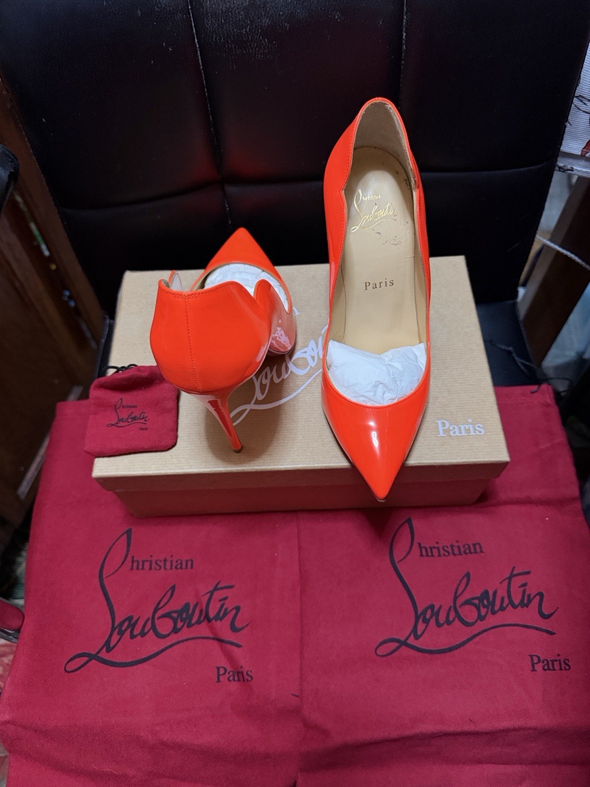 Christian Louboutin Women’s Chick 100 Patent Fluo Leather Pump Heels