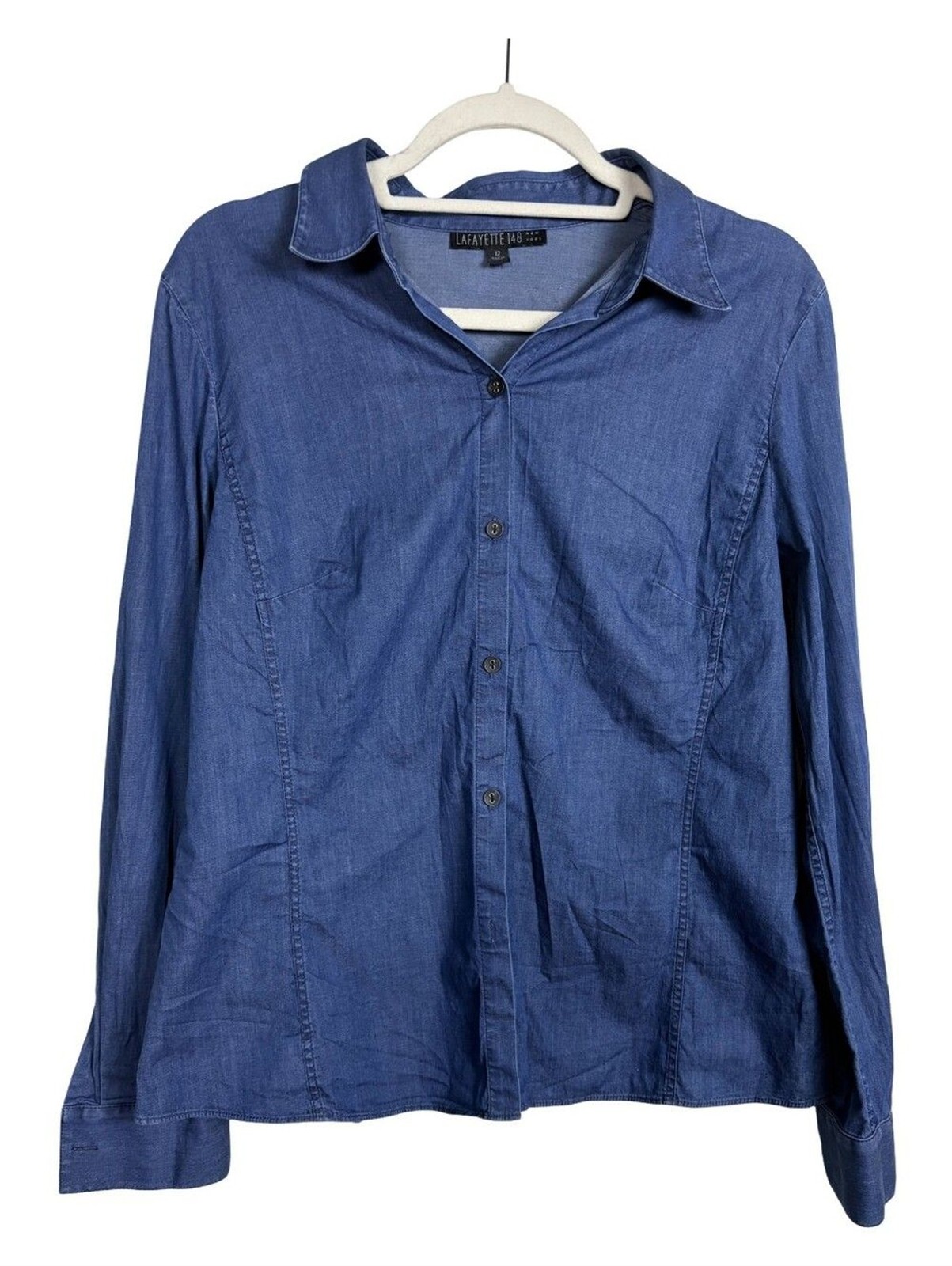 Lafayette 148 New York Indigo Button-Down Dark Wash Jean Style Shirt