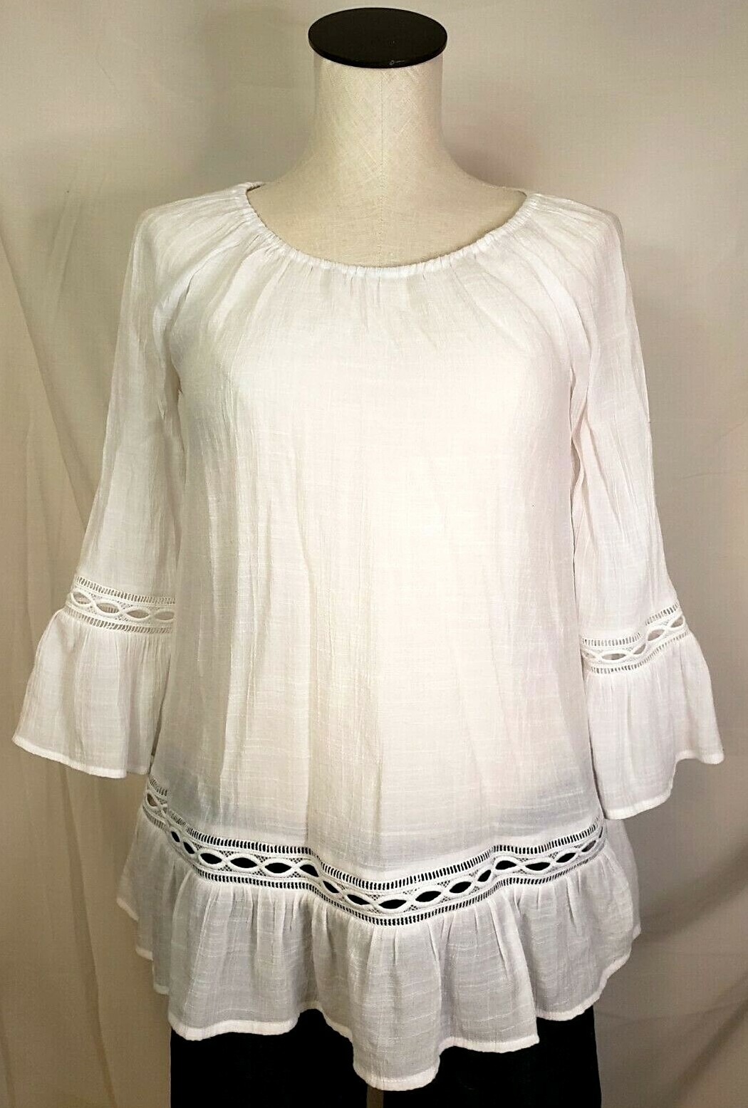 BYdesign Blouse Top 3/4 Sleeve Ruffle Eyelet Crinkled Beachy Boho Peasant size S