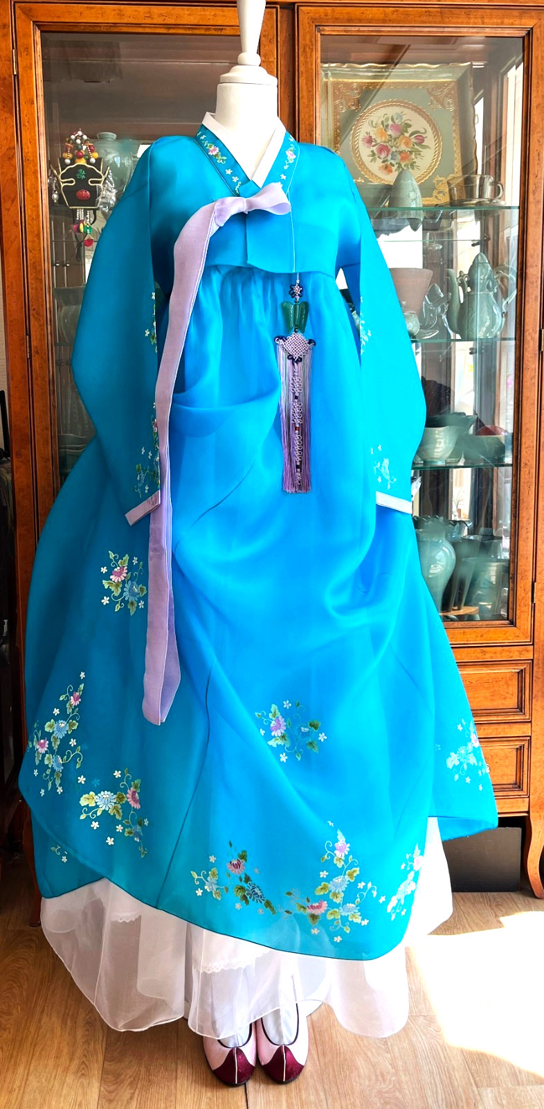 M Silk Traditional Korean Hanbok Set–Turquoise Blue Top/ Skirt with Floral Print