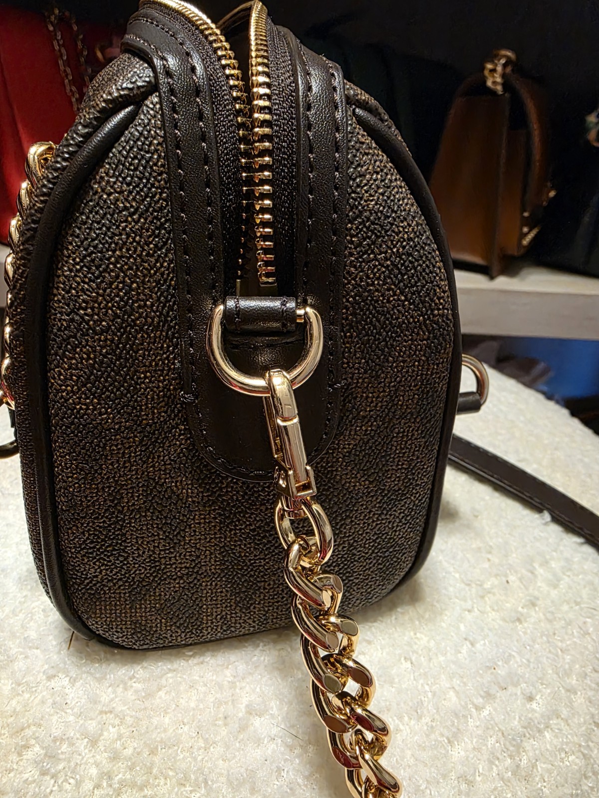 Michael Kors Blaire XS Duffle Crossbody Bag Brown Logo Zip Gold Chain + Charm