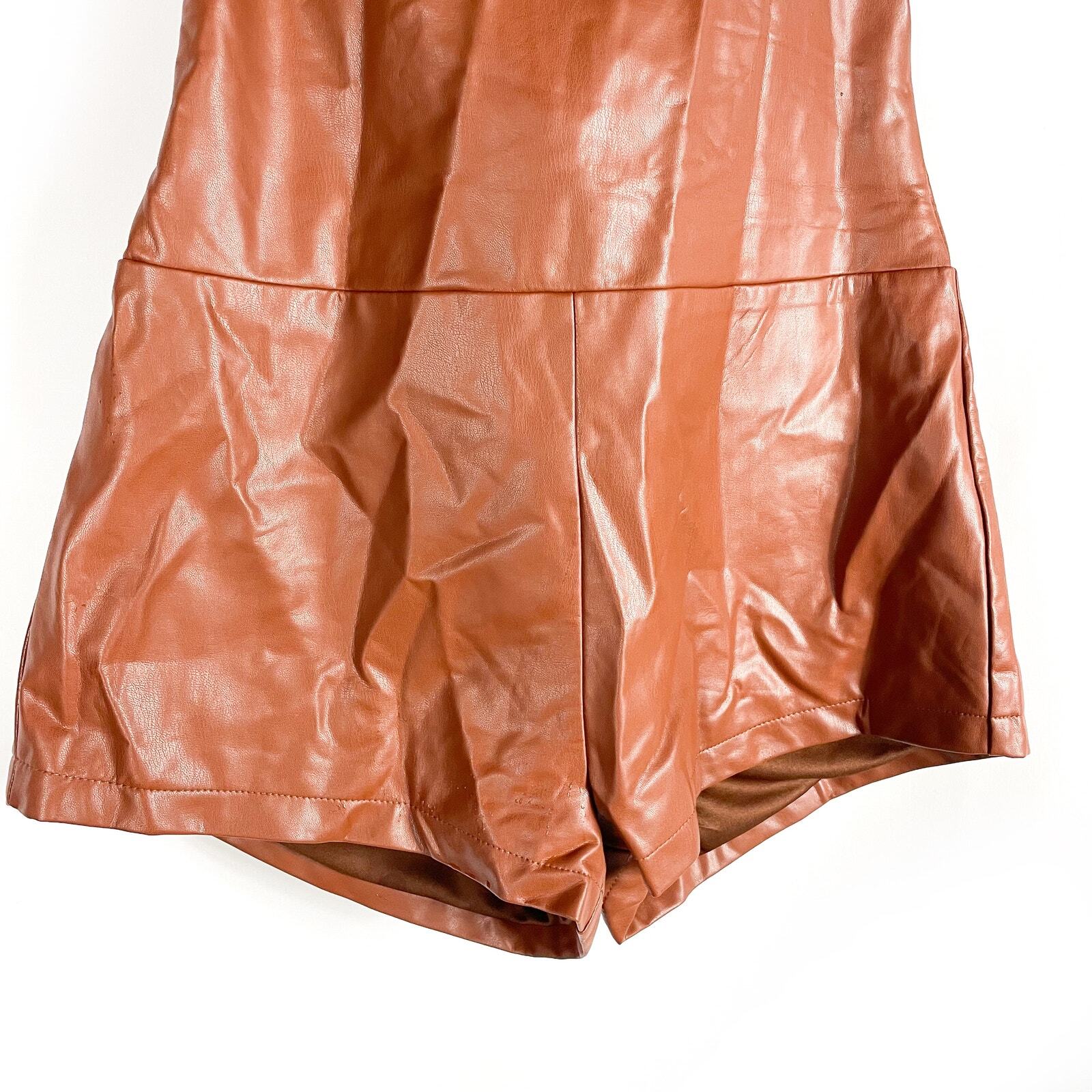 Superdown Briar Faux Leather Romper Brown Strapless Vegan Sz M