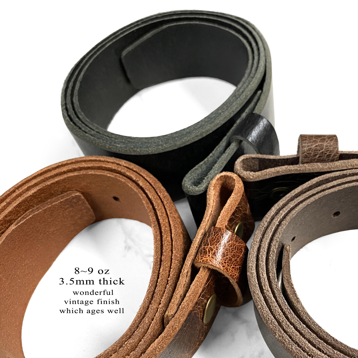 BELT STRAP SNAP ON FULL GRAIN ONE PIECE LEATHER UNISEX BELT-BLACK, BROWN, OR TAN
