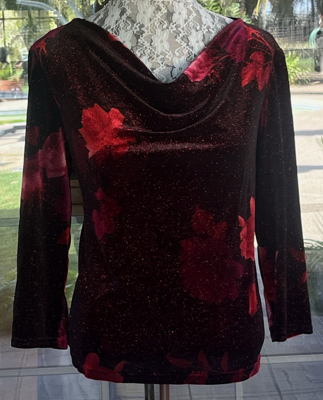 Dressy Floral Sparkle Cowl Neck Party Shirt Sz L 44” Bust