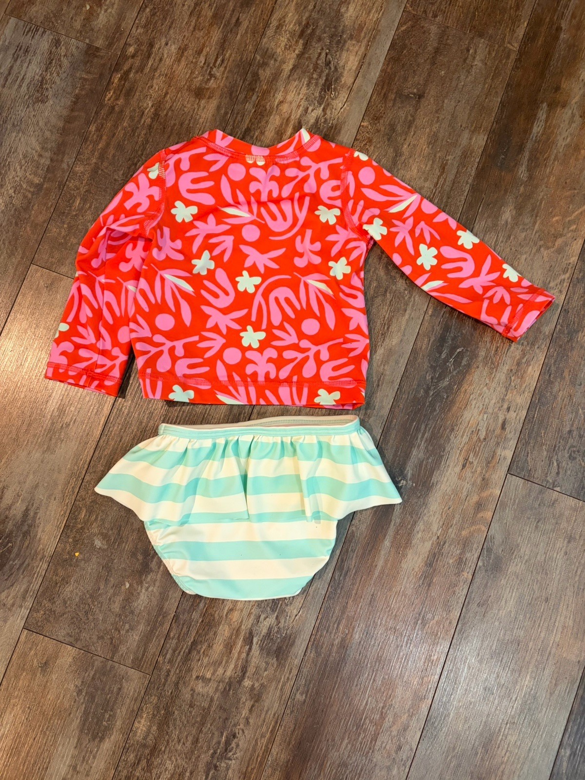 Hanna Andersson Rash Guard 2 pc Swim Set 80 cm Orange Pink Mint Ruffled Bottom