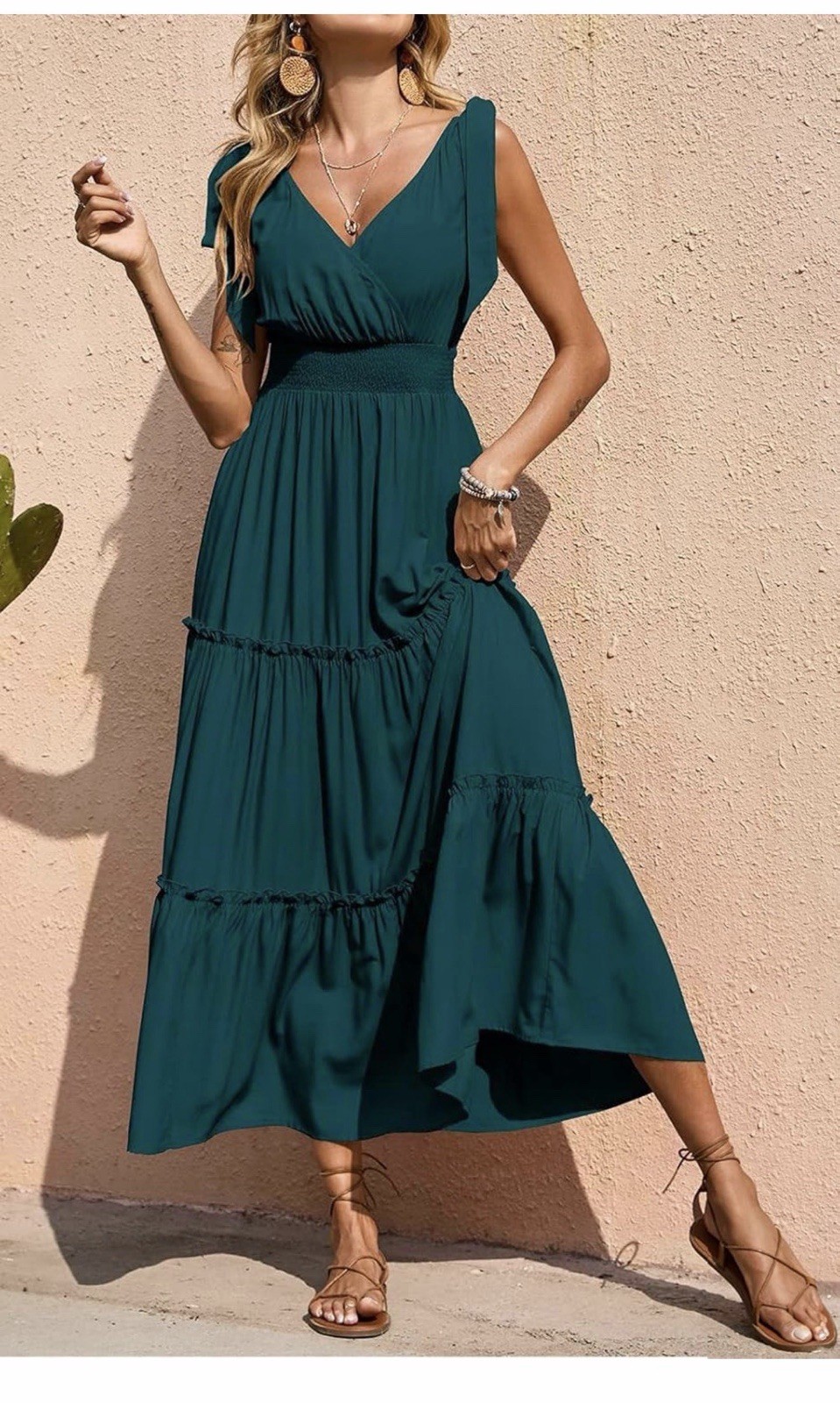 PRETTYGARDEN Women’s Cross Neck Summer Sleeveless Tiered Maxi Dress Beach Tie L
