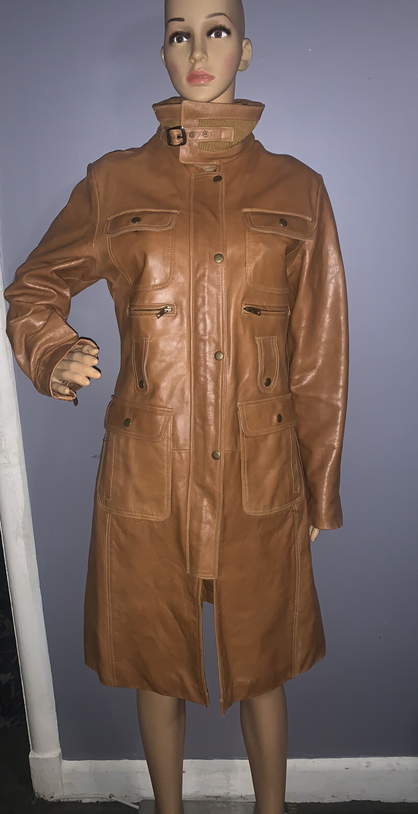 Women Superior New York Brown Real Leather Long Trench Size L youth