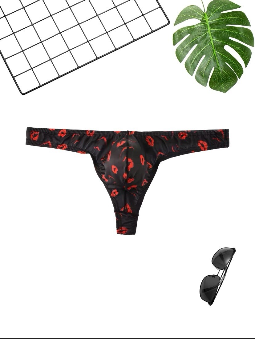 Mens Kiss Pattern Black Thong. Size XL (See Details)