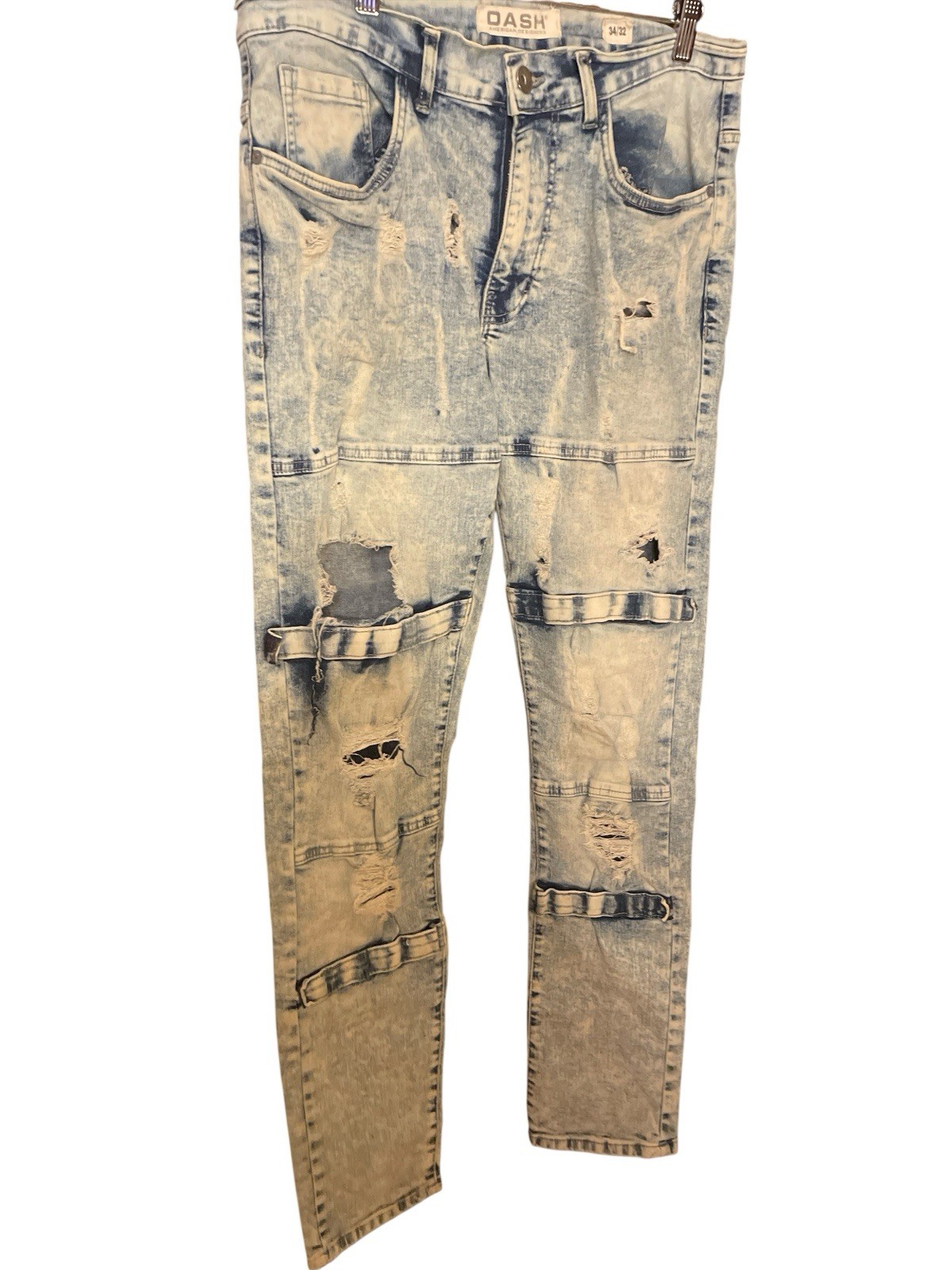 Dash American Light Acid Wash Biker Jeans Distressed Moto Strap Men’s 34×32