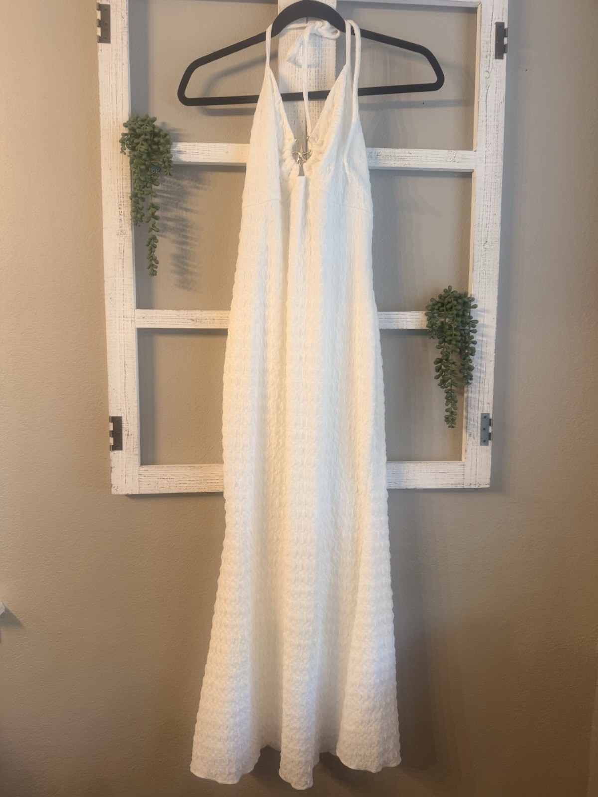 SHEIN Women Maxi Mermaid Dress Tie Neck Gold Starfish White Sz Large