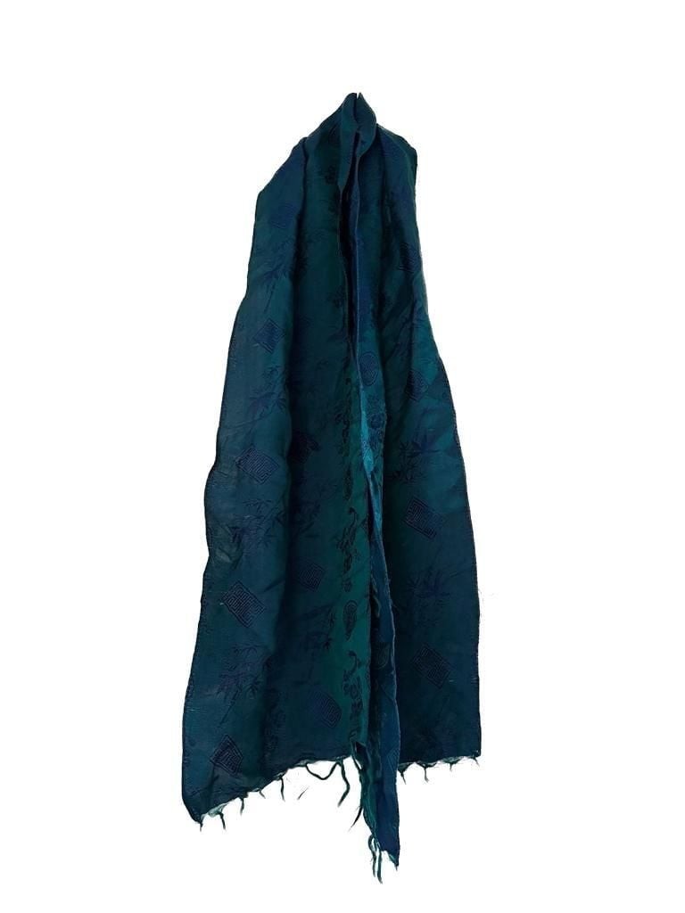 Vintage 100% Silk Teal and Blue Jacquard Scarf with Chinese Longevity Symbols an