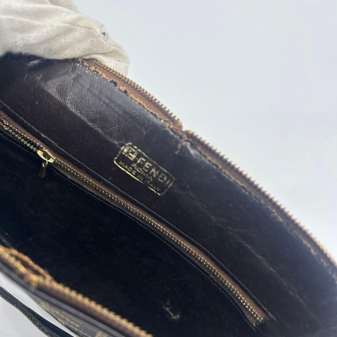 FENDI Zucca FF Shoulder Bag Ziplock Leather Canvas Brown Beige Gold #2702
