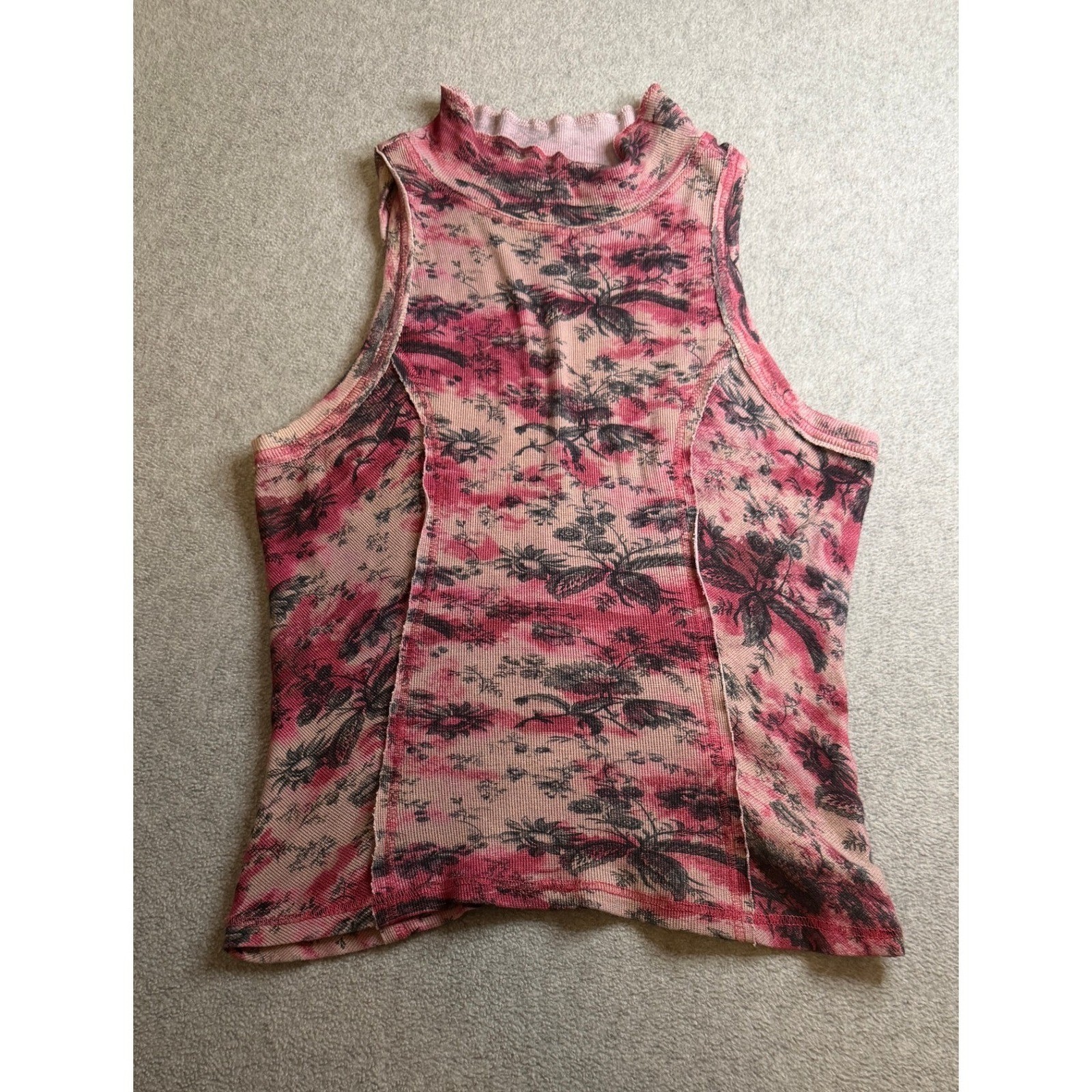 Pilcro Pink Black Floral Toile Waffle Knit Mock Neck Sleeveless Top Small