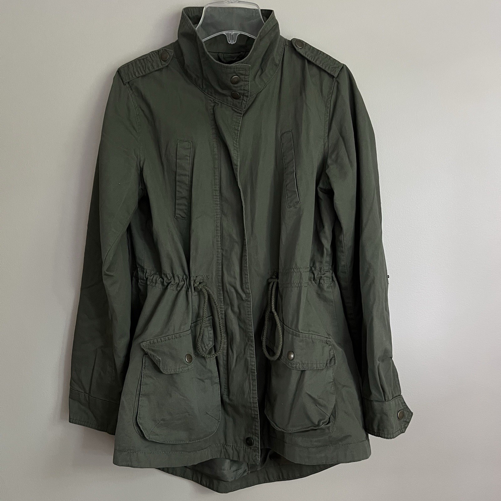 OliveGreen Utility Jacket Military Anorak FullZip Drawstring Waist Medium