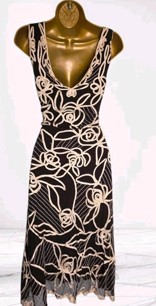 Phase Eight Brown & Cream Tapework Embroidered Occasion Dress + Shawl Size 12
