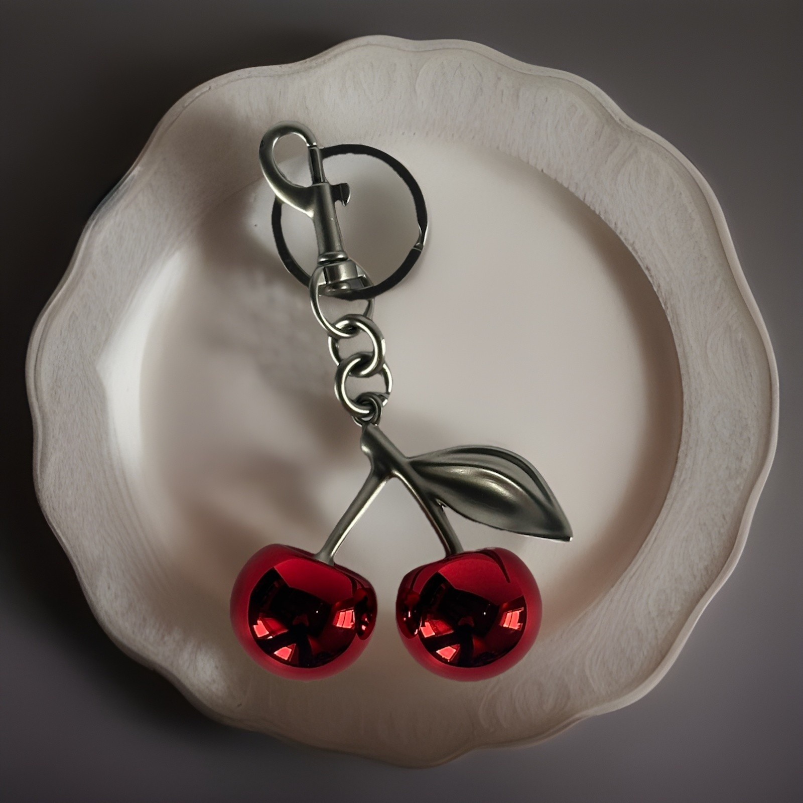 Mirrored Red Double Cherry Bag Charm | SILVER Keychain + Premium Velvet Dust Bag
