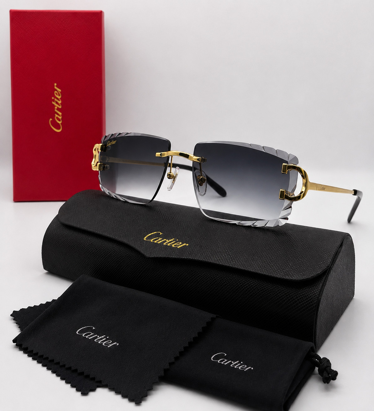 Cartier Big C Diamond Cut Frameless BLACK Lens Gold Frame