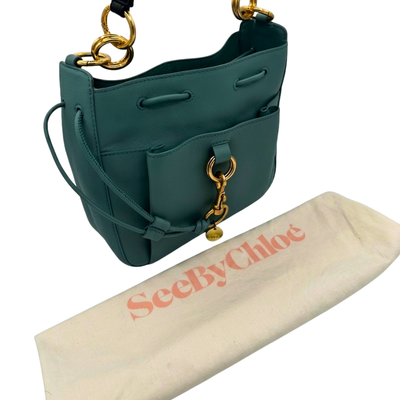 See By Chloe Tony Leather Shoulder Bucket Bag Teal Blue Gold Hardware