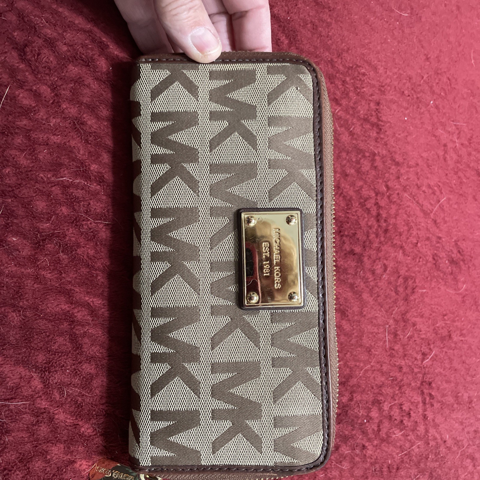 Michael Kors Jet Set Wallet Continental Logo Zip Around Beige Ebony Mocha