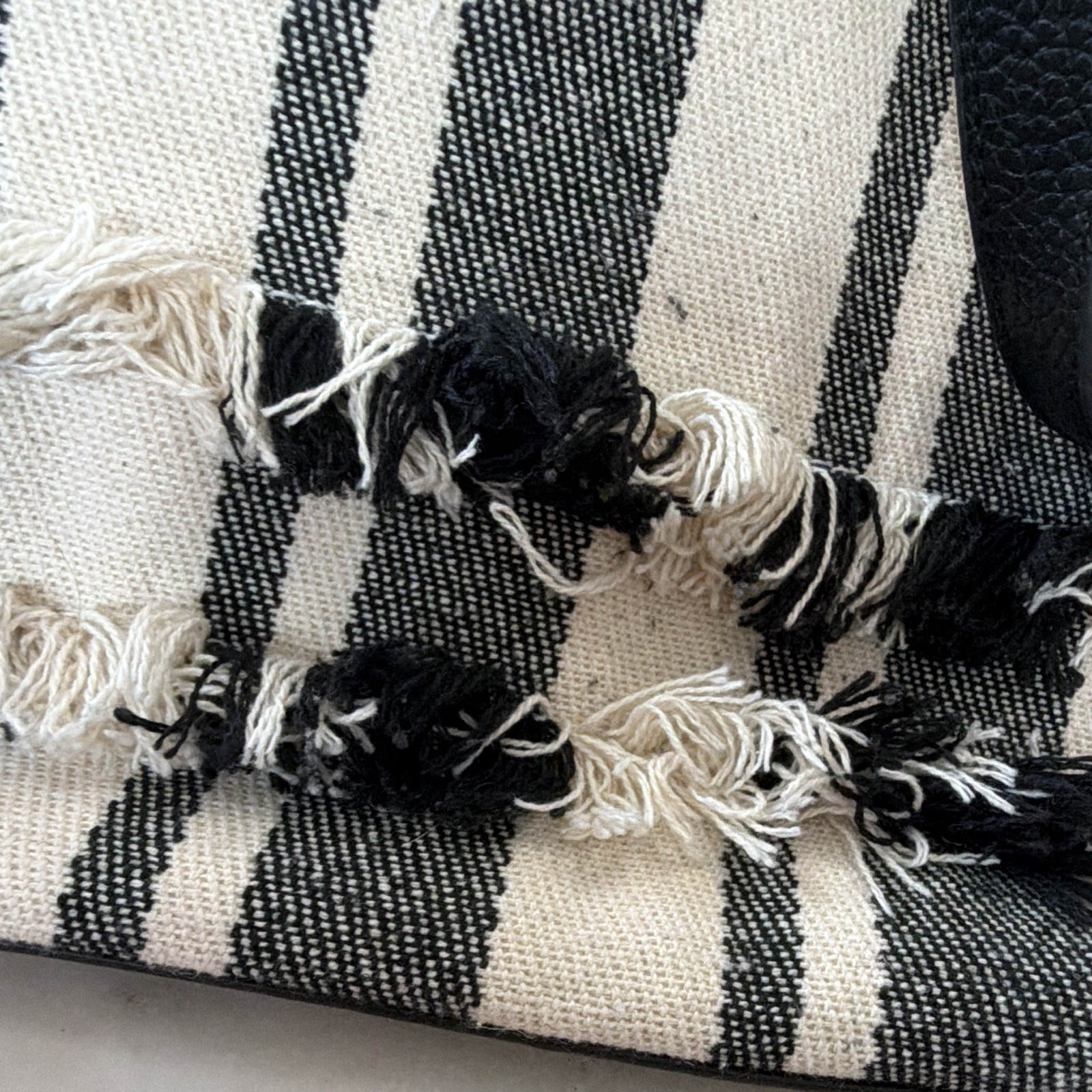 Old Navy Striped Tote Bag Black/Beige Tassel Double Handles Leather Bottom