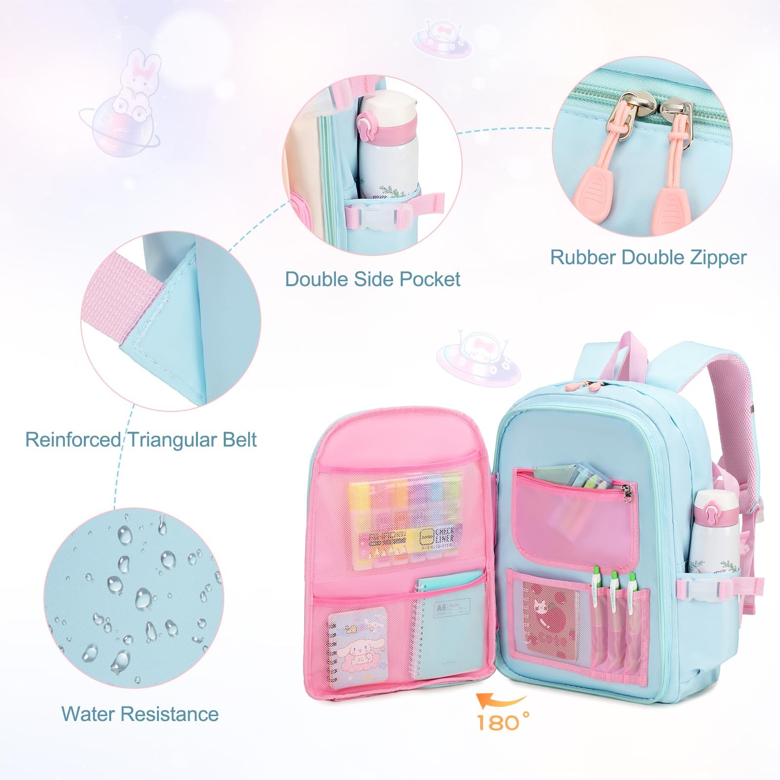 Girls Backpack Set 12.6×6.7×17.3in Kawaii Bunny School Bags – Ideal