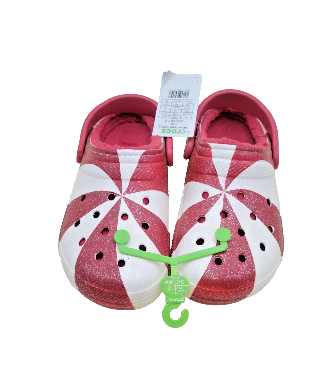 Crocs Classic Lined Holiday Clog Peppermint Glitter Red 206913-119 Women 9 Men 7