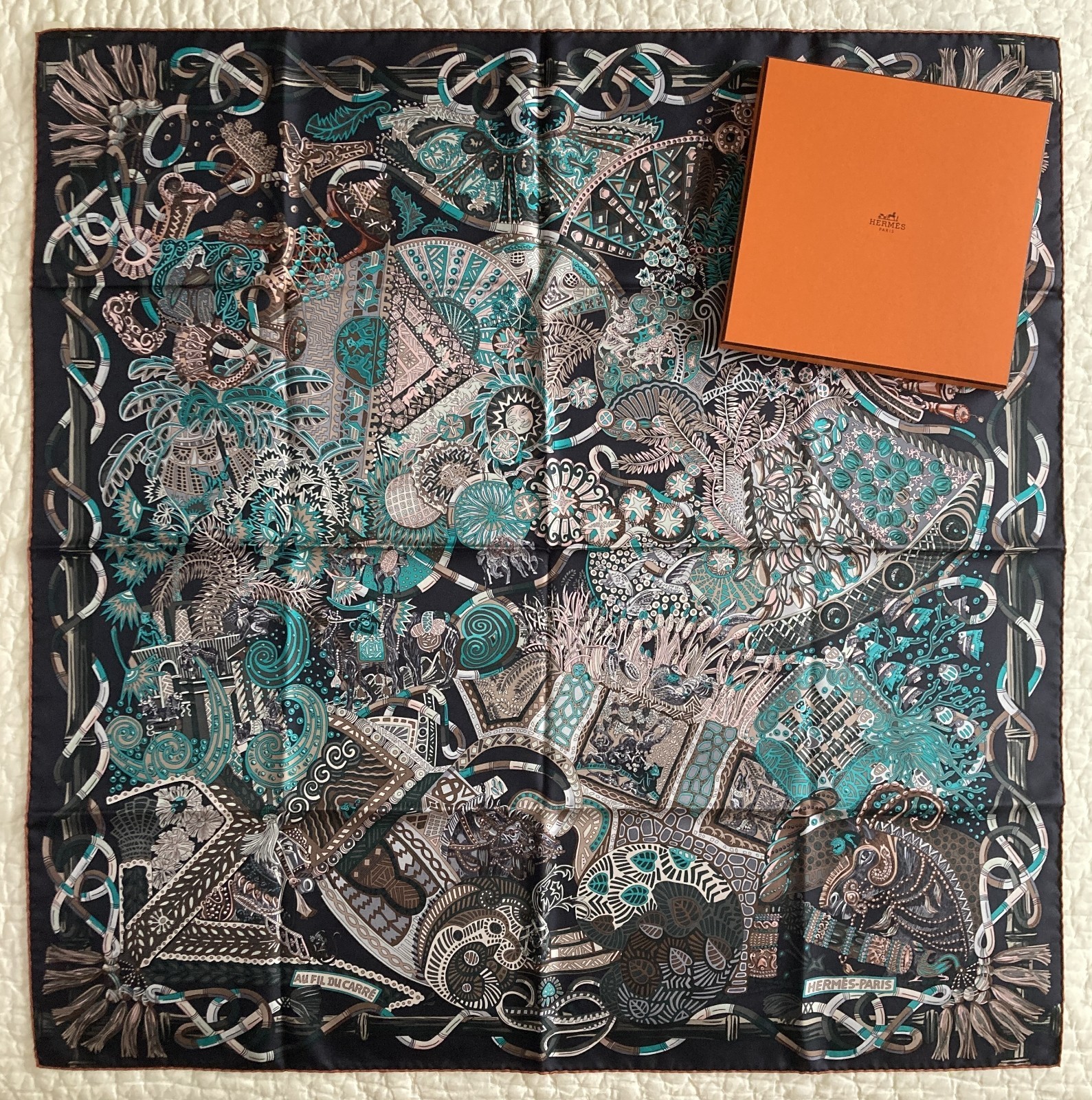 NWT~HERMES~Au Fil du Carre~Annie Faivre~100% Silk~Scarf~90cm~Box~Made in France