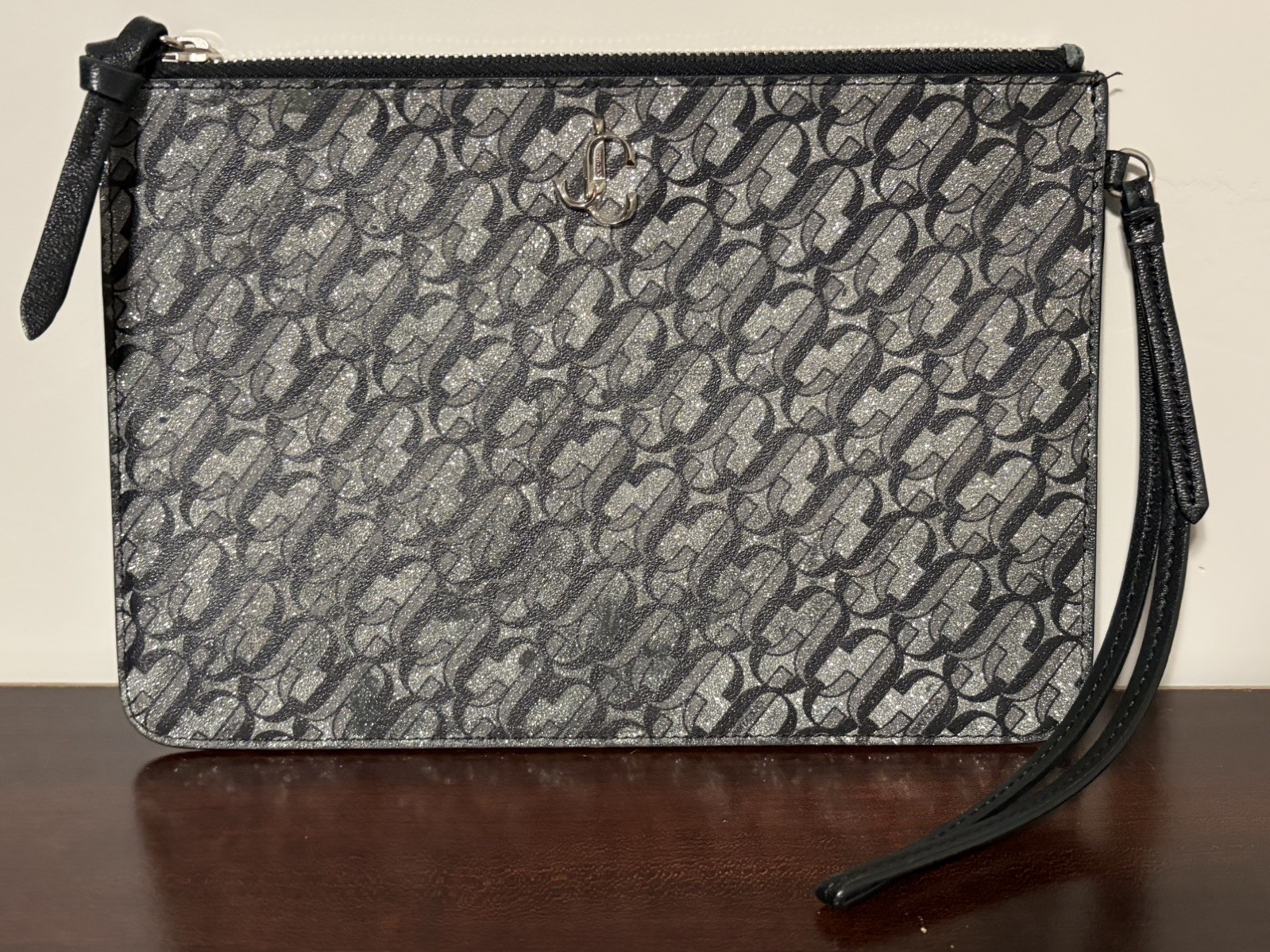 Authentic Jimmy Choo Silver Black Glitter Clutch Pouch Leather Trim Handstrap