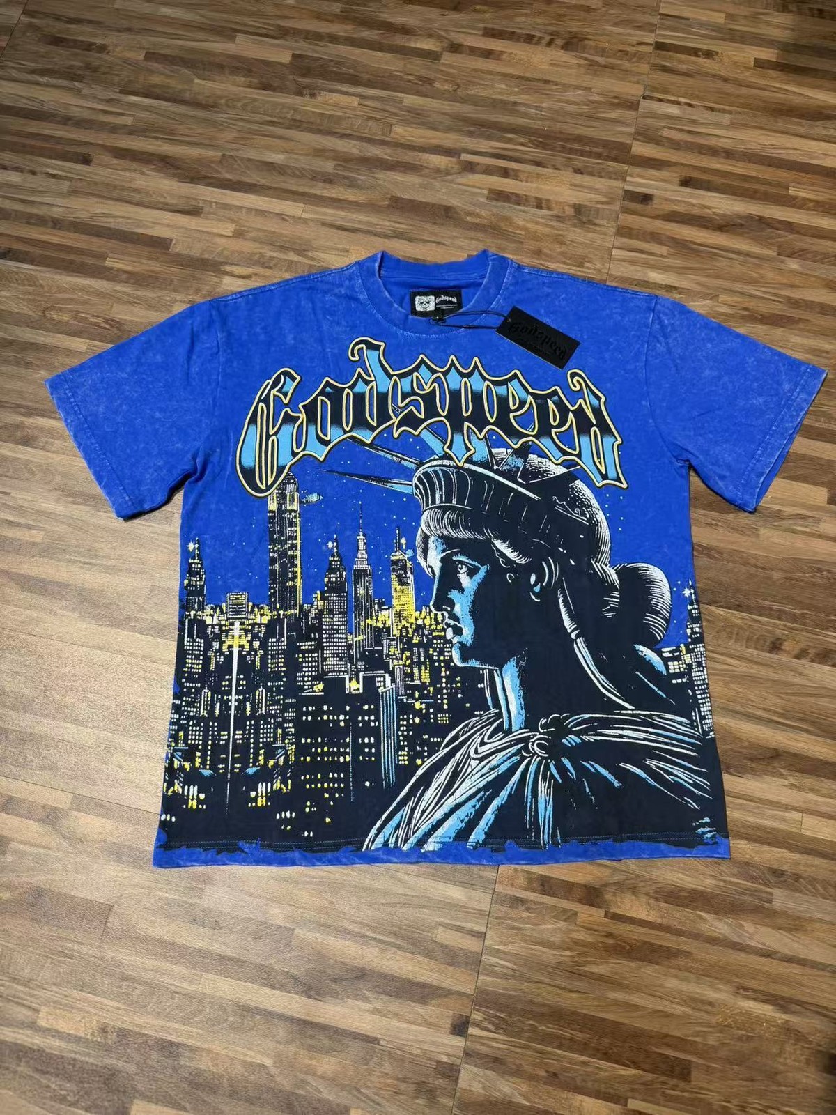 Godspeed Staring at the Statue of Liberty printing Tee Mens Cotton T-shirt Blue
