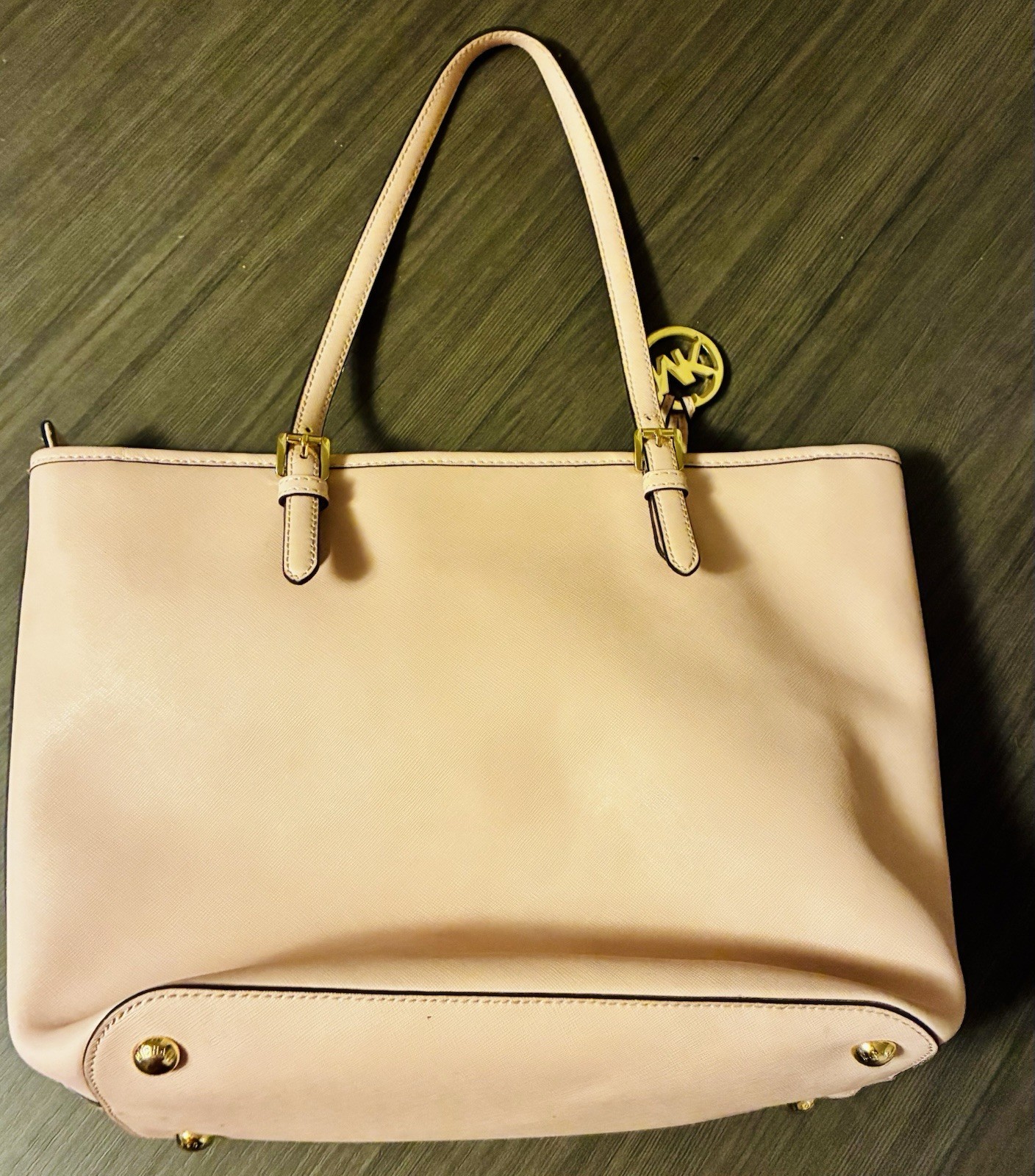 Michael Kors Pink Large Tote Zip Top Gold Tone MK Charm Double Handles Pockets