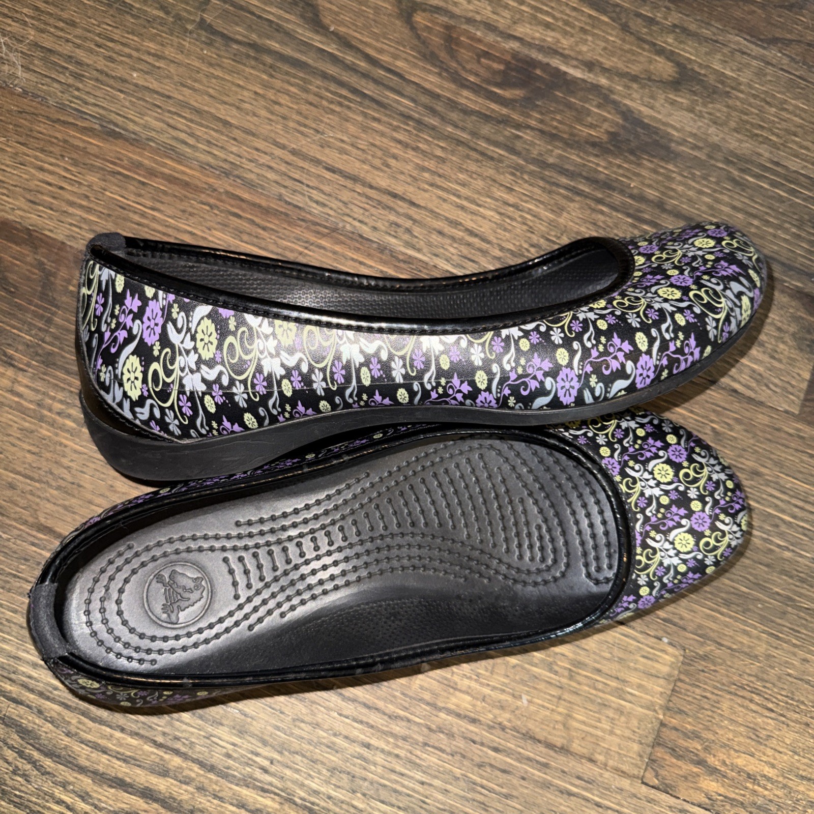 CROCS Kadee Shoes Womens Size 9 Black Floral Print Slip On Ballerina Flats
