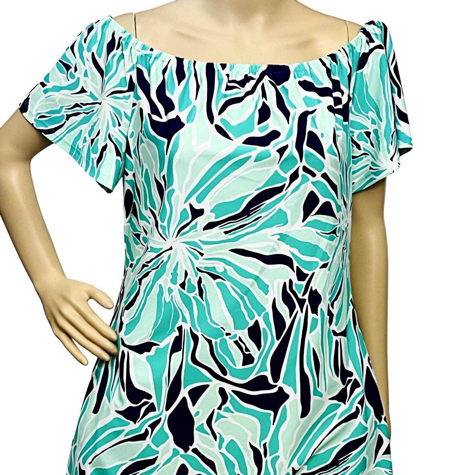 Britt Dress Resort Made USA Teal Abstract Print Pullover Shoulders Off Soft L