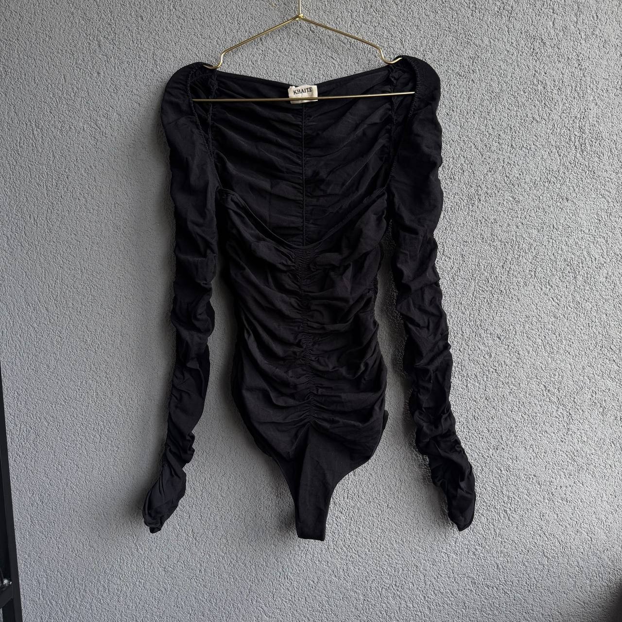KHAITE Deni Black Ruched Shirred Long Sleeve Bodysuit Size S Italy Authentic