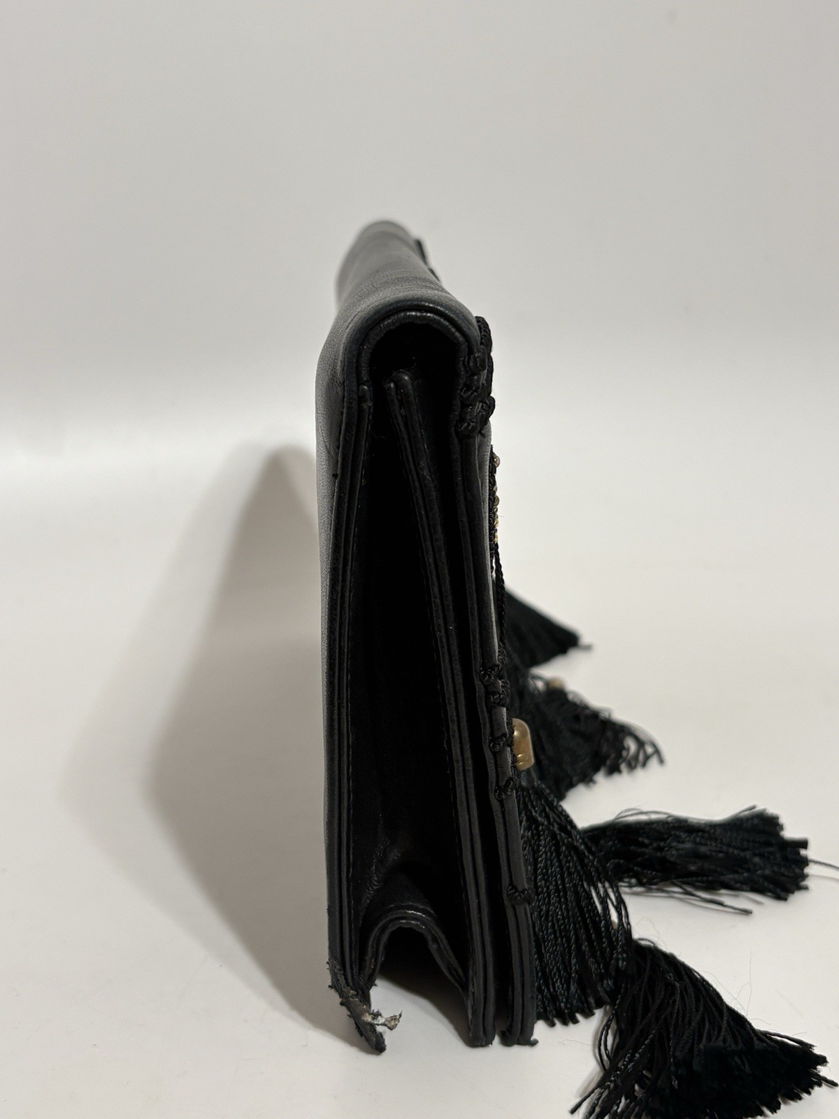 Vtg Gianni Versace 80s Black Leather Tassel Clutch Bag