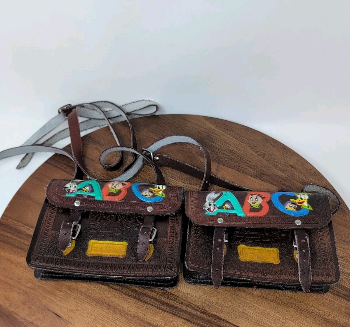 pair Of RARE Vintage Disney Looney Tunes Leather ABC Satchel Brown Tooled Leathe