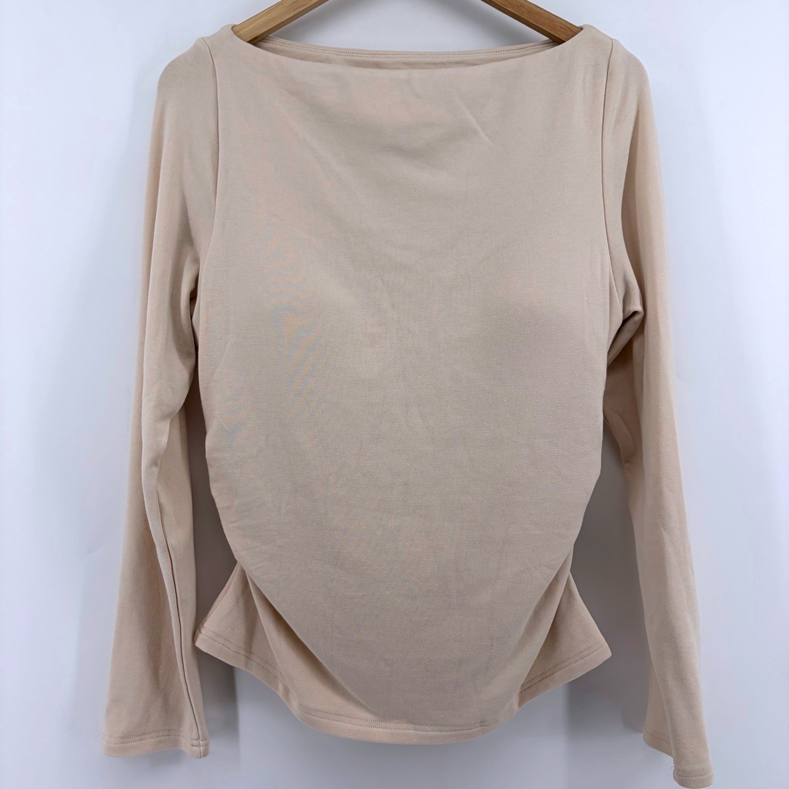 OGL Beige Boat Neck Long Sleeve Top with Built-in Bra XL Ruched Side