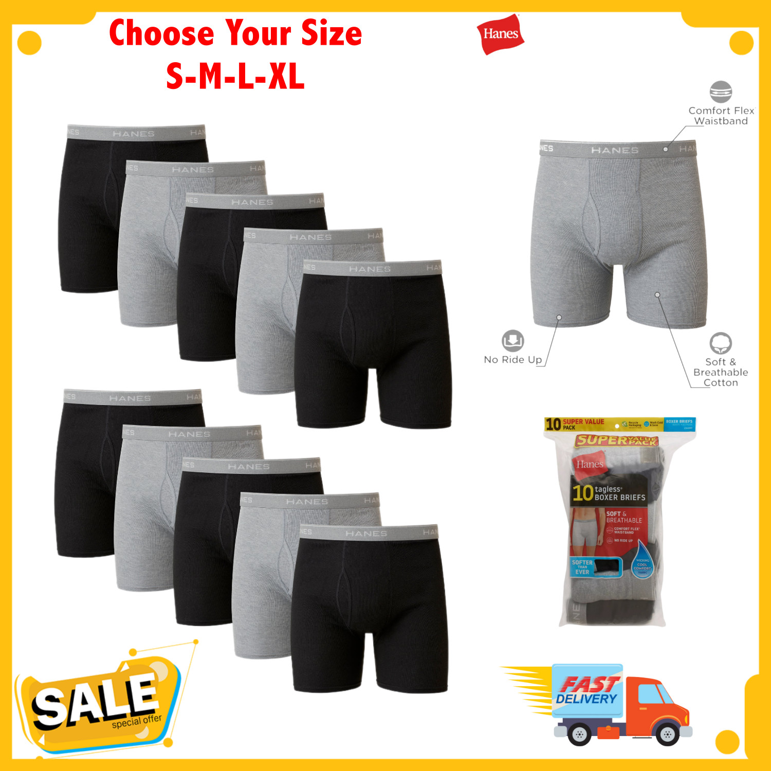 Hanes Boxer Briefs 10-Pack Men’s Tagless Comfort Flex Waistband Soft Tag Free