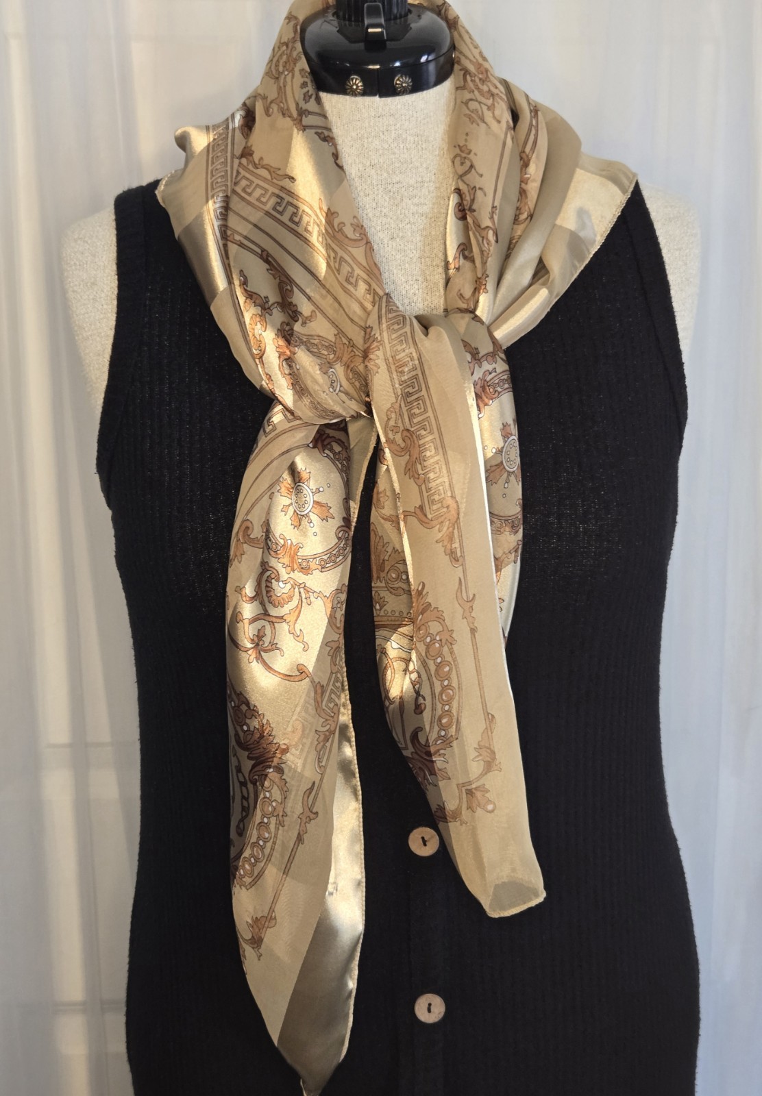Vintage Scarf Gold Tan & Brown Design Striped Satin Roma Italy 40 X 40 Square
