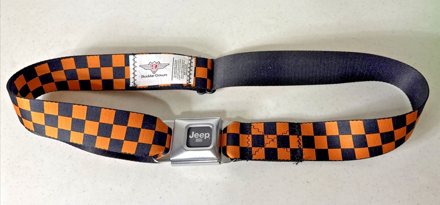 Buckle Down Seatbelt JEEP Logo Adjustable Belt Orange & Black Checkers Adult