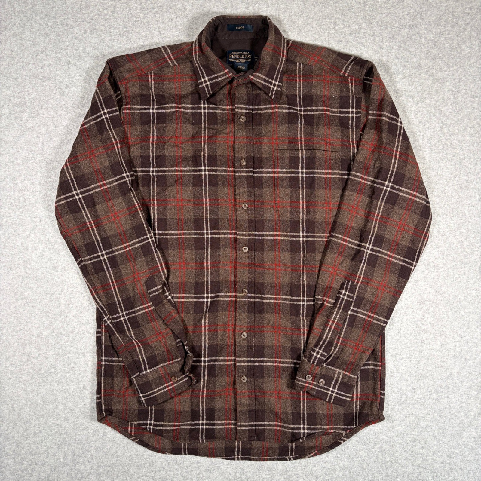 Pendleton Lodge Button Up Shirt Mens Medium Tall Brown Plaid Wool Flannel