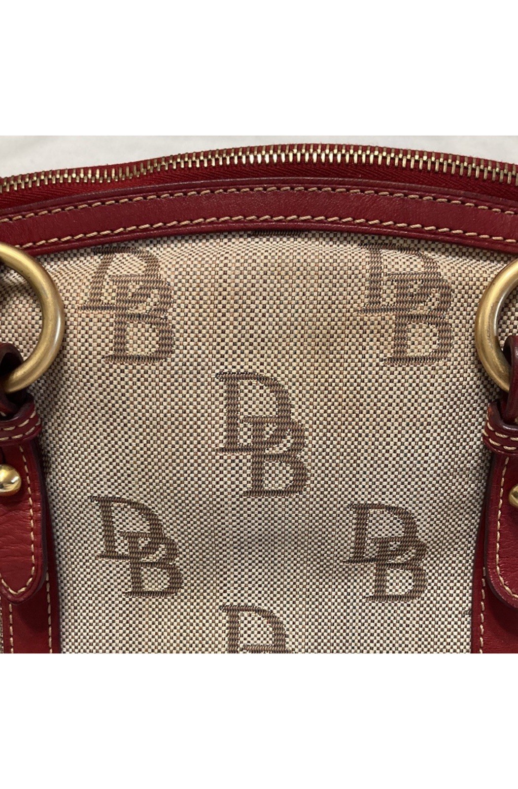Dooney & Bourke Monogram Satchel Top Handle Zip Tassel Red Lined Gold