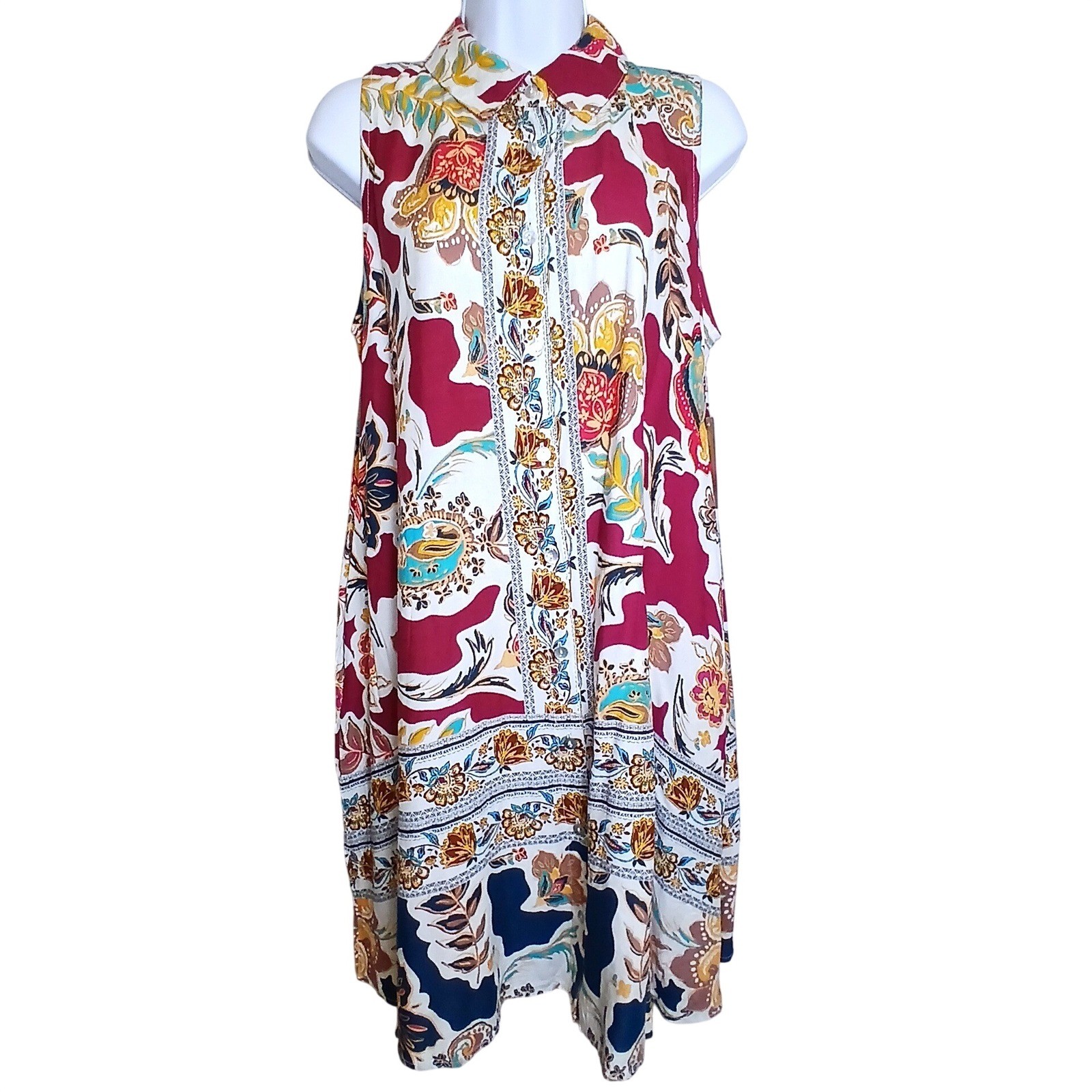 NEW Fig+Flower M Boho Artsy Floral Rayon Sleeveless Pockets Button Shirt Dress